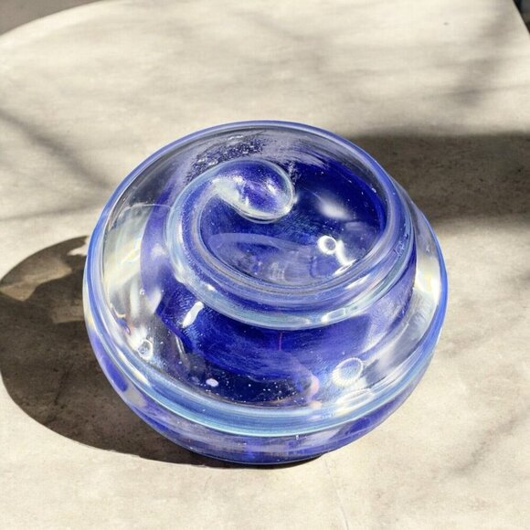 Hand Blown Studio Glass Paperweight Figurine Cobalt Blue Swirl Clear Edges VTG - Picture 1 of 16